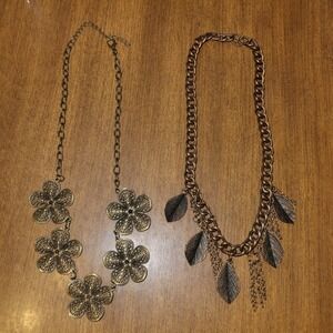 Lot of 2 Bronze Tone Statement Necklaces Floral Filigree Leaf Charm Boho Nature